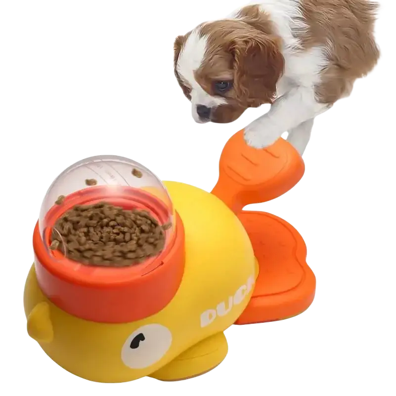Interactive yellow duck dog toy plastic feeder made in mainland china with clear dome lid filled with kibble for pets