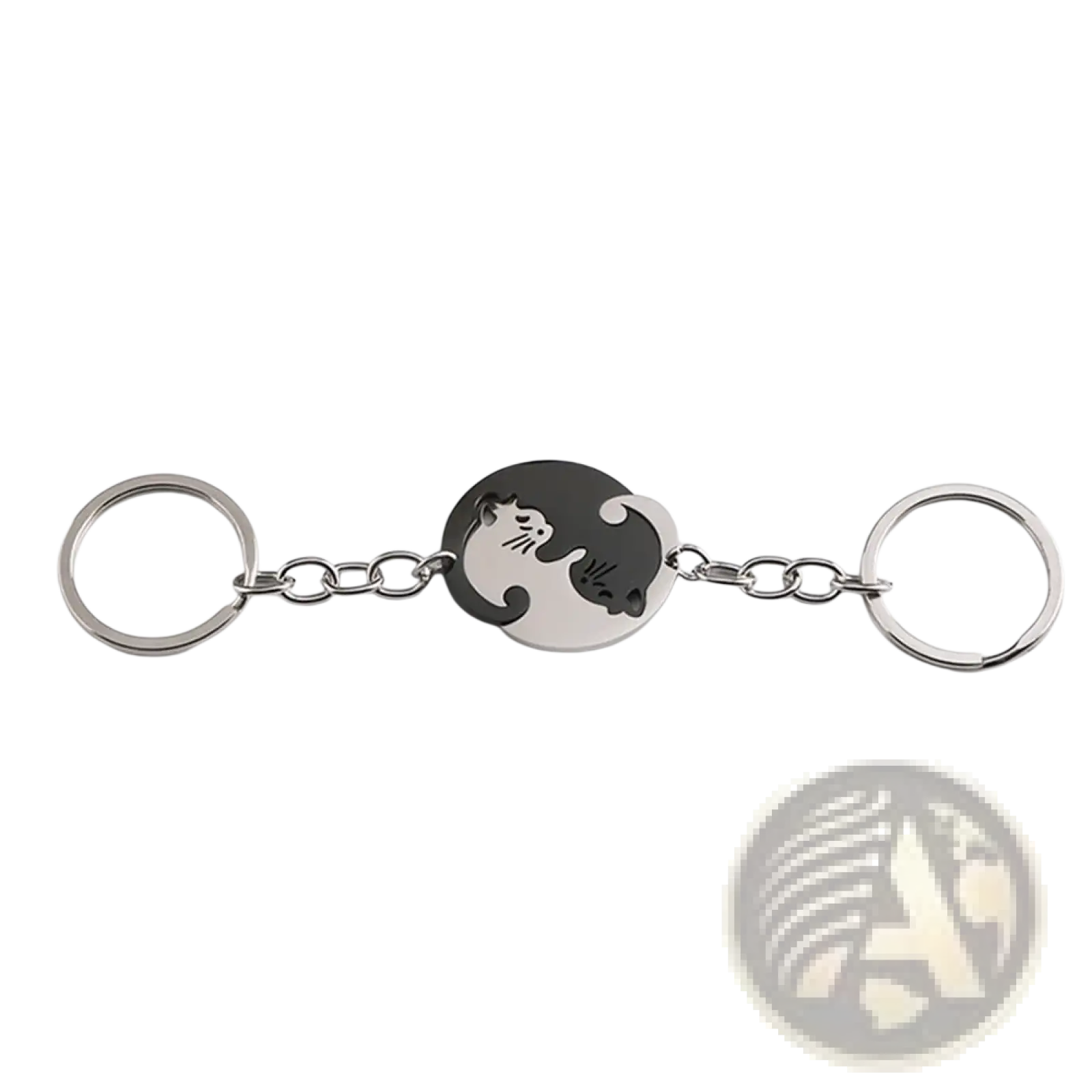 Silver-toned interlocking cat couple keychain set with circular yin-yang medallion featuring black and white cats