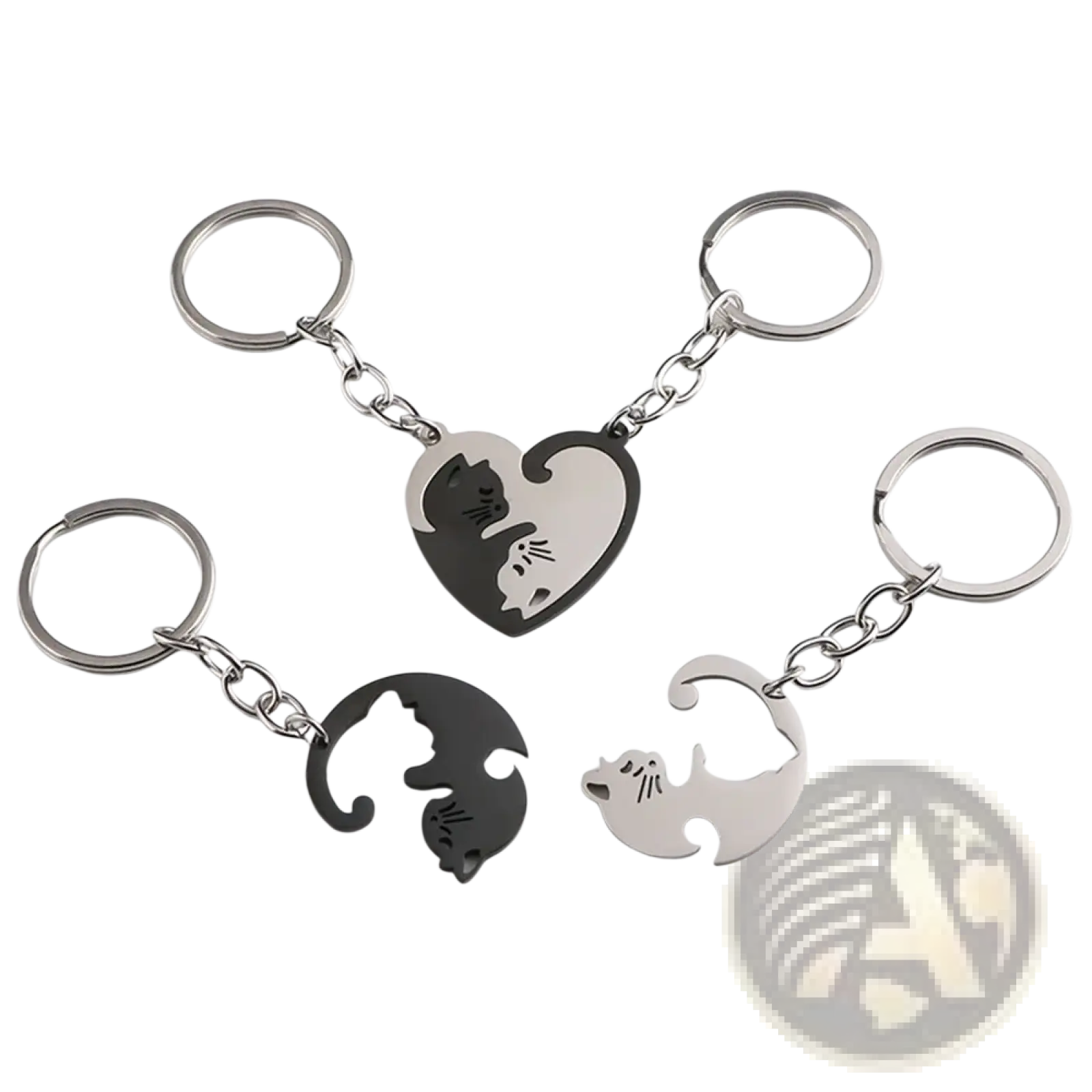 Set of four metallic cat-themed interlocking keychains with heart-shaped yin-yang design in black and silver finishes