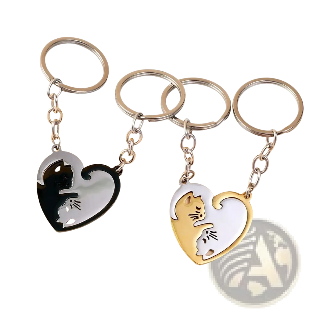 Heart-shaped interlocking cat couple keychain set in black silver and gold white metallic finishes