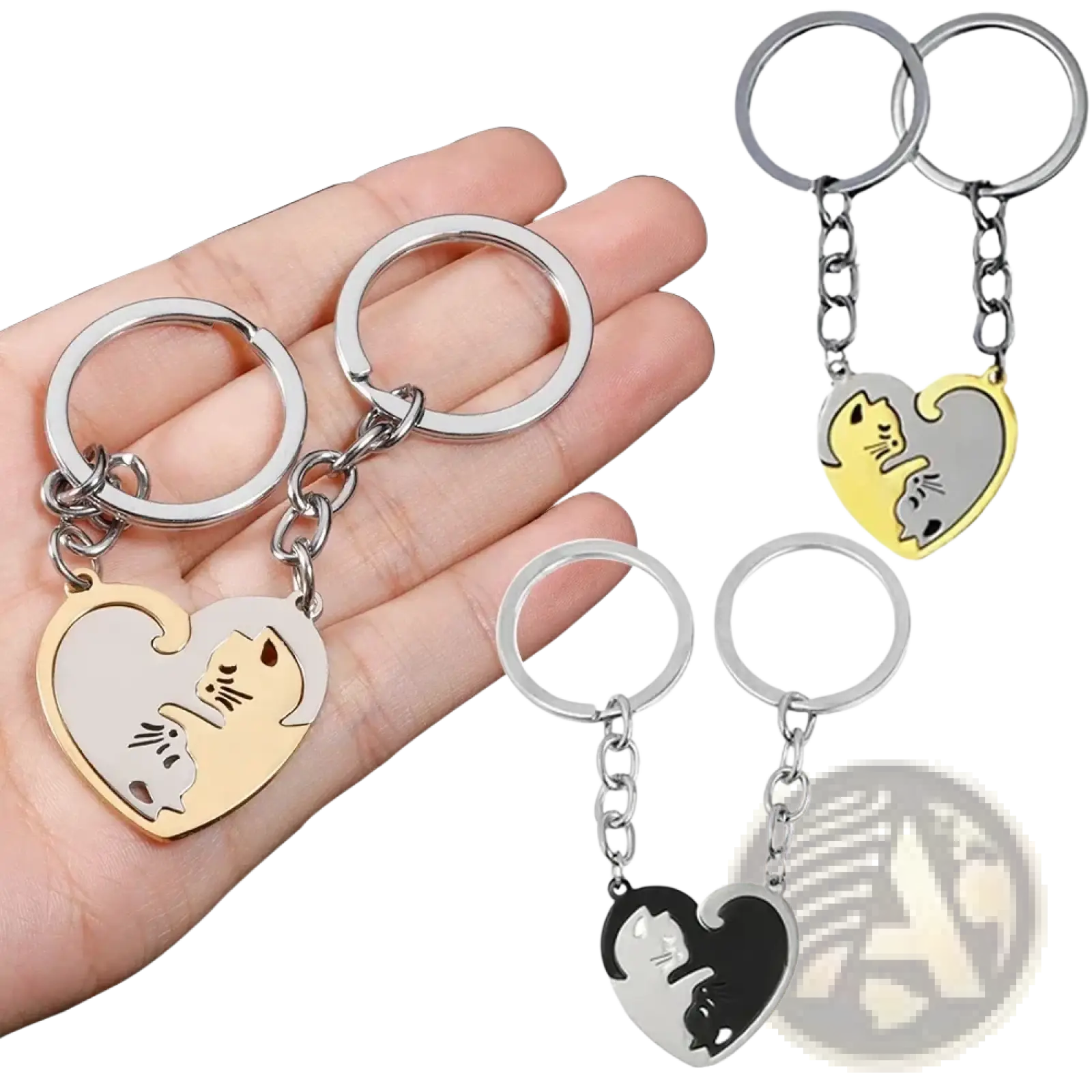 Heart-shaped keychains featuring two interlocking cat designs in gold and silver black in an interlocking cat couple keychain set