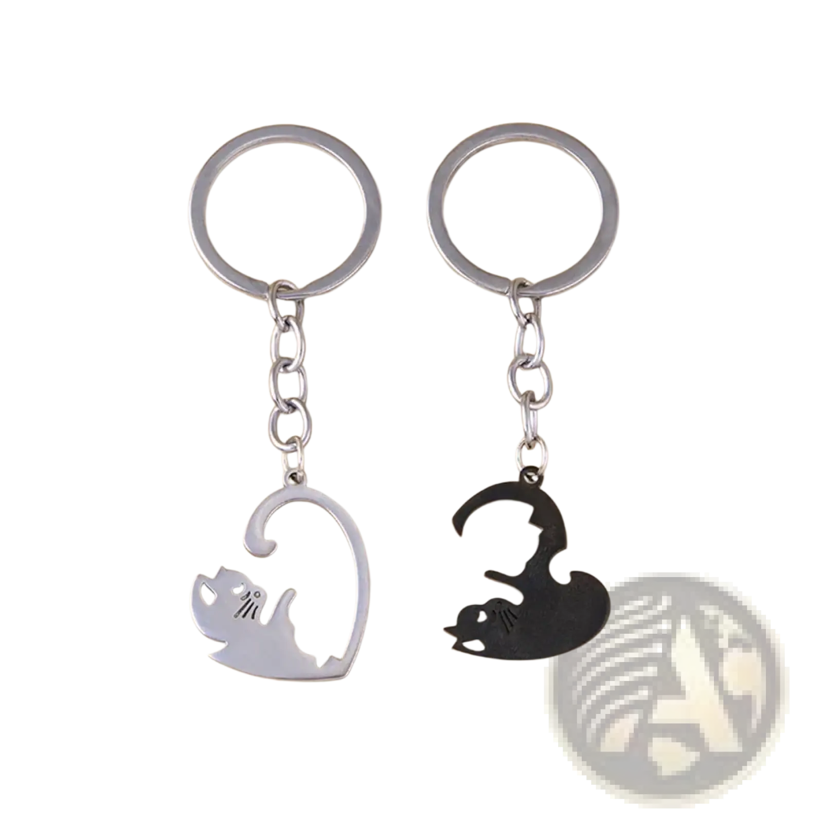 Silver and black cat-shaped interlocking keychain set with sleek minimalist metal design for couples or gift use