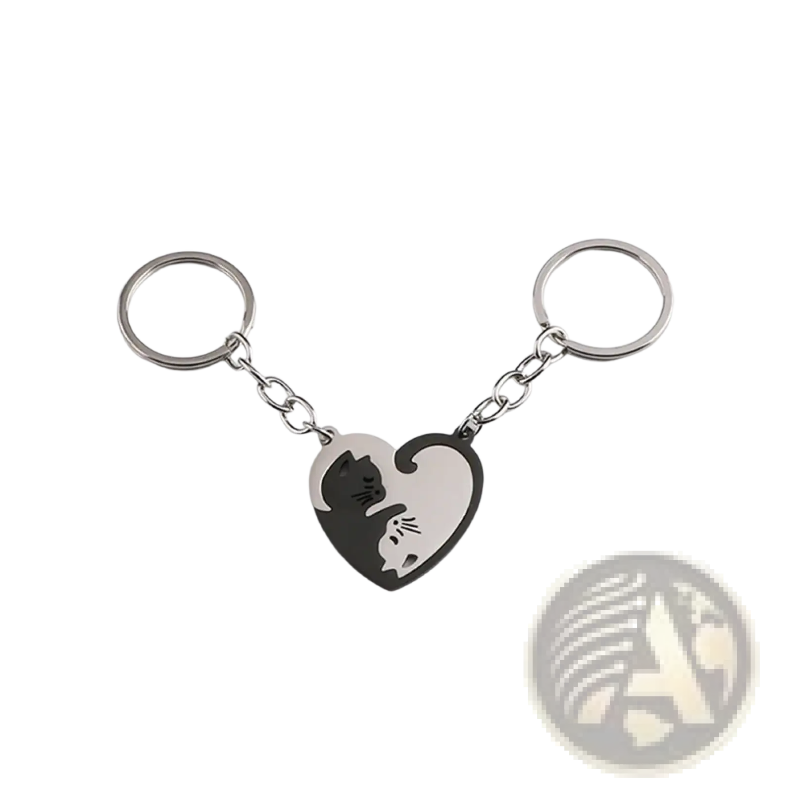 Silver-toned interlocking cat couple keychain set with heart-shaped pendant featuring black and white cat silhouettes