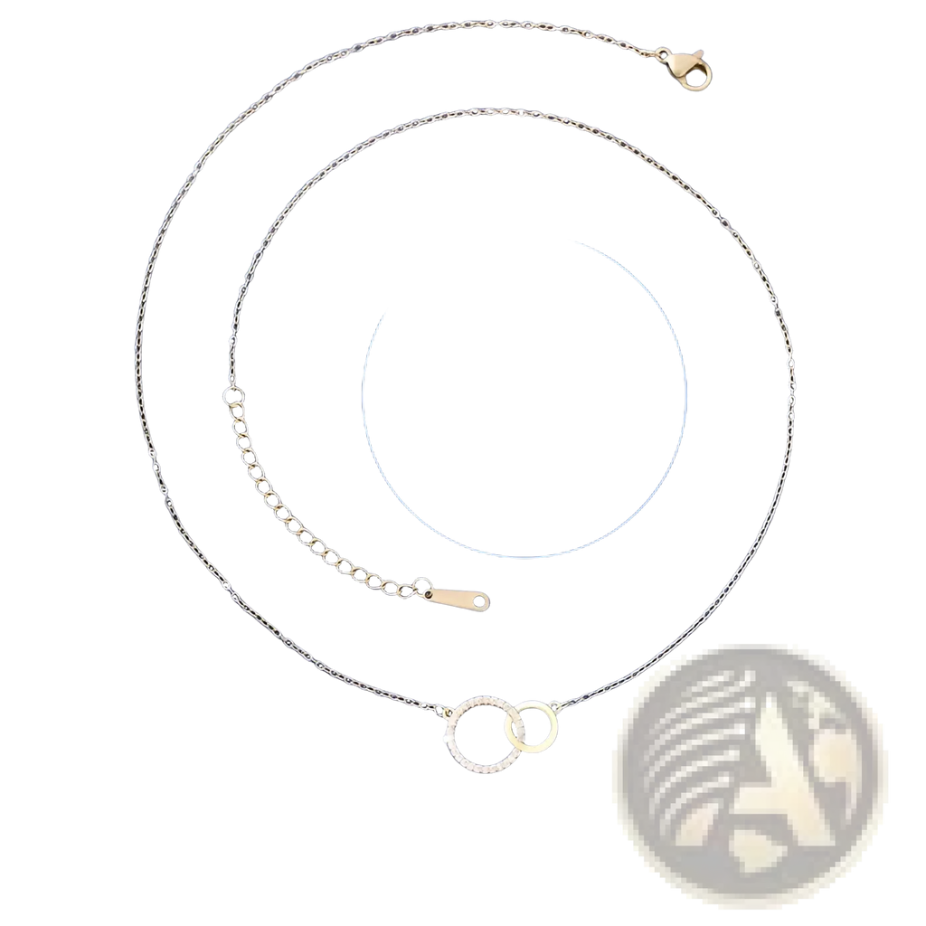 Gold-toned necklace with delicate chain, adjustable extension, and interlocking double circle pendant clasped at the center