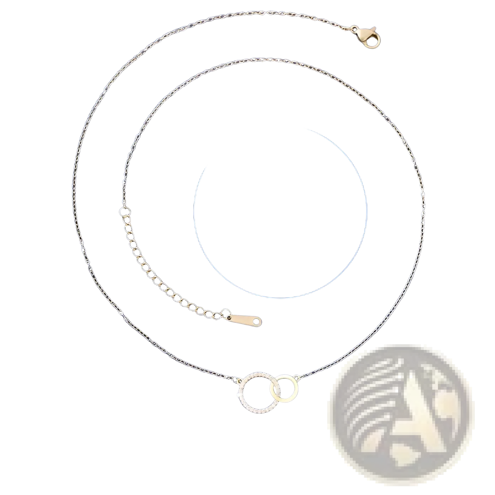 Gold-toned necklace with delicate chain, adjustable extension, and interlocking double circle pendant clasped at the center