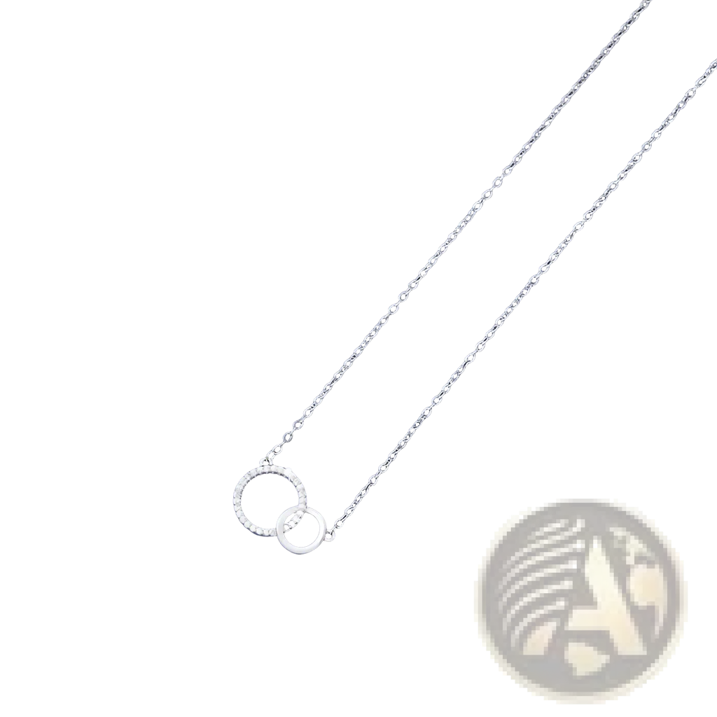 Silver interlocking double circle pendant clavicle necklace with two circular pendants one adorned with tiny stones