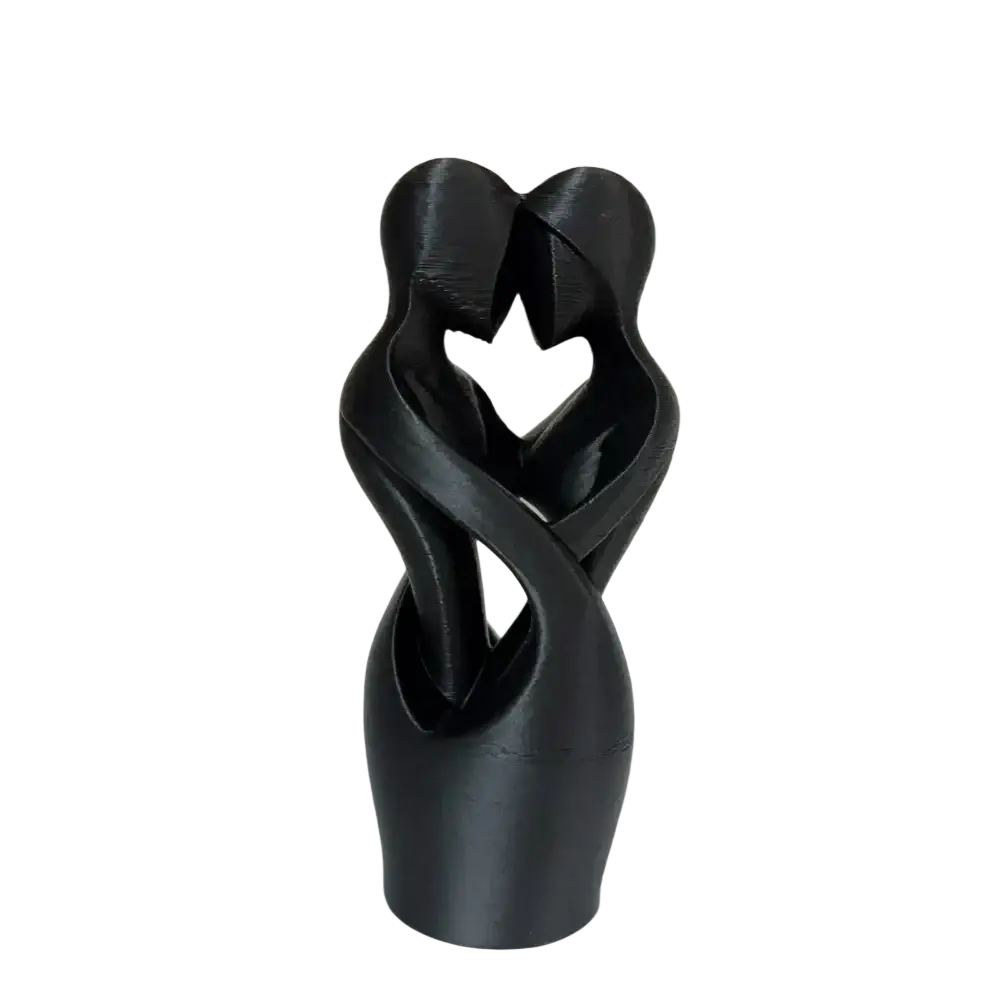 Black 3d-printed abstract sculpture of two intertwined figures forming a heart shape modern decor centerpiece