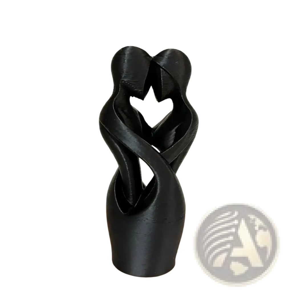 Black 3d-printed abstract sculpture of two intertwined figures forming a heart shape for modern decor