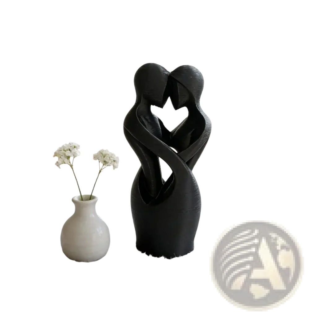 Black abstract sculpture of two intertwined figures forming a heart shape modern decor for home or office