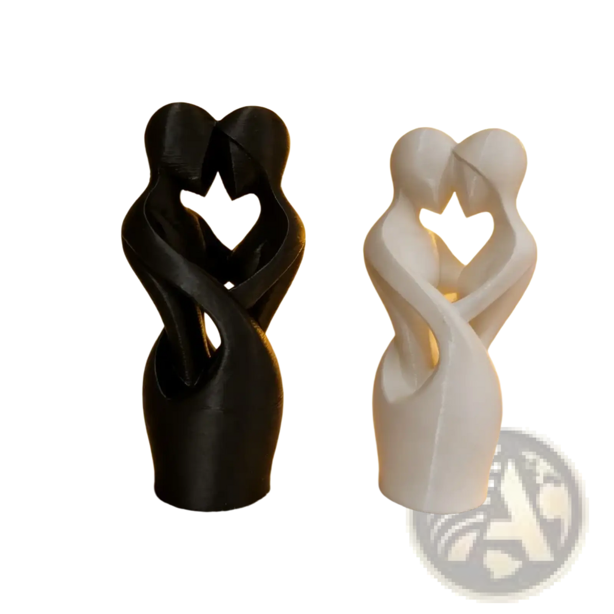 Black and white abstract love sculpture with intertwined forms creating a heart shape for modern decor
