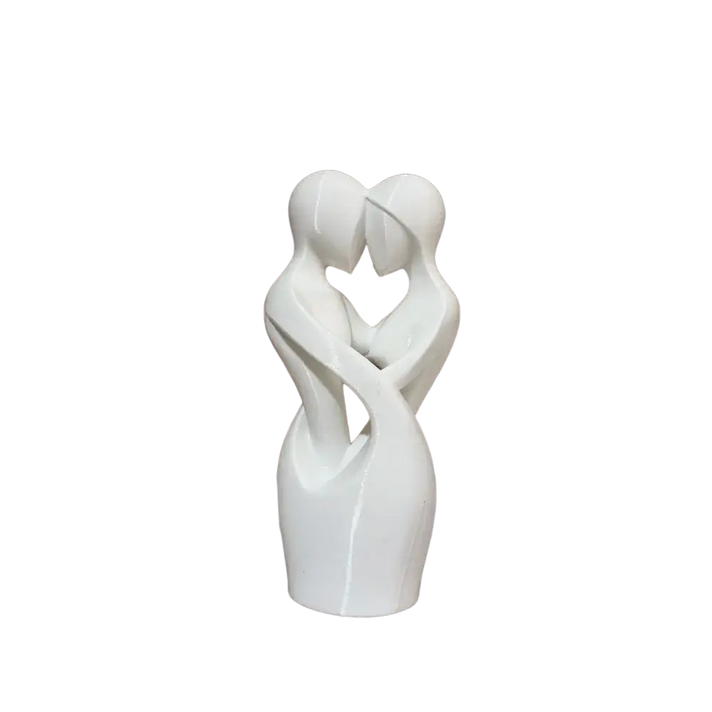 White ceramic sculpture of two abstract figures embracing to form a heart modern decor intertwined lovers heart sculpture