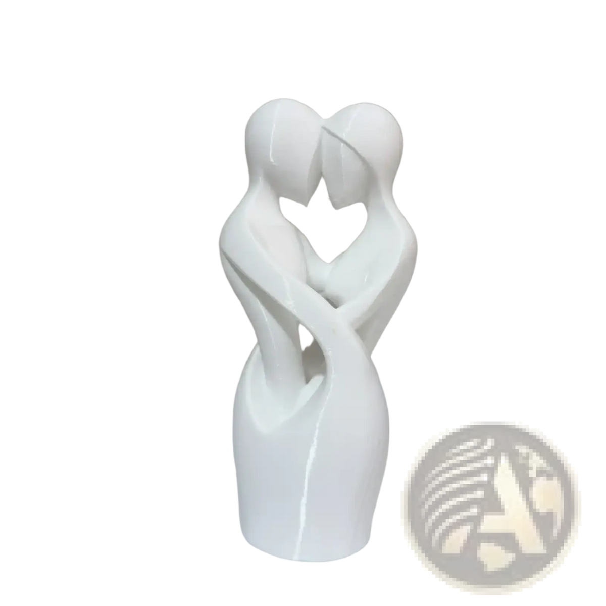 White ceramic sculpture of two abstract figures embracing to form a heart shape modern decor centerpiece