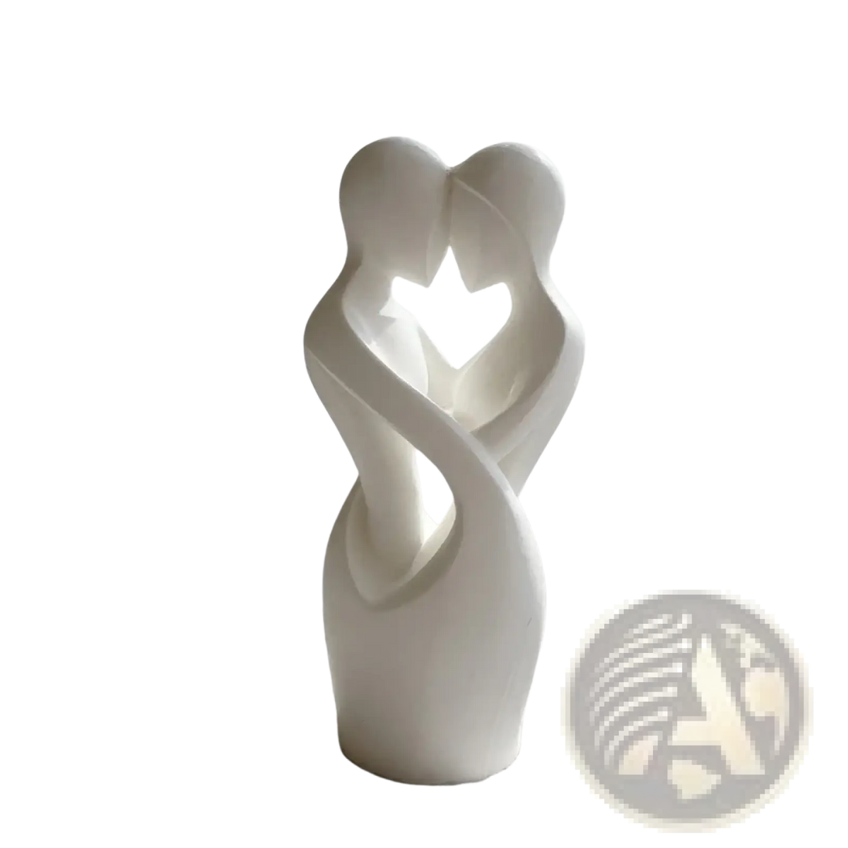 White ceramic sculpture of two abstractly intertwined figures forming a heart shape modern decor piece