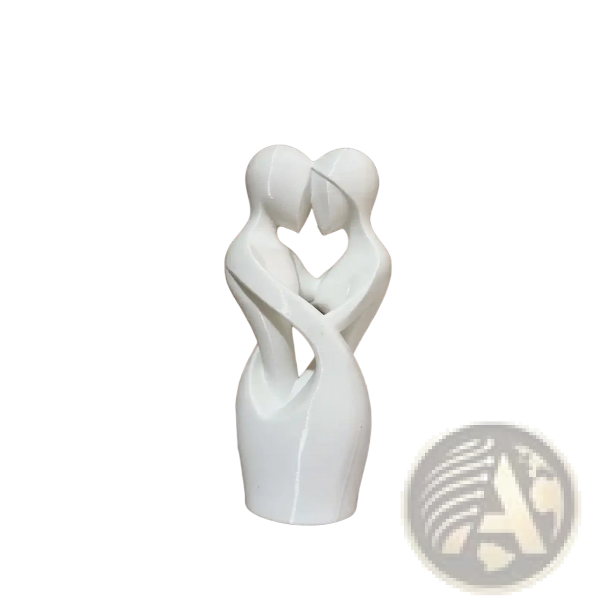 White ceramic sculpture of two abstract figures embracing to form a heart modern decor intertwined lovers heart sculpture