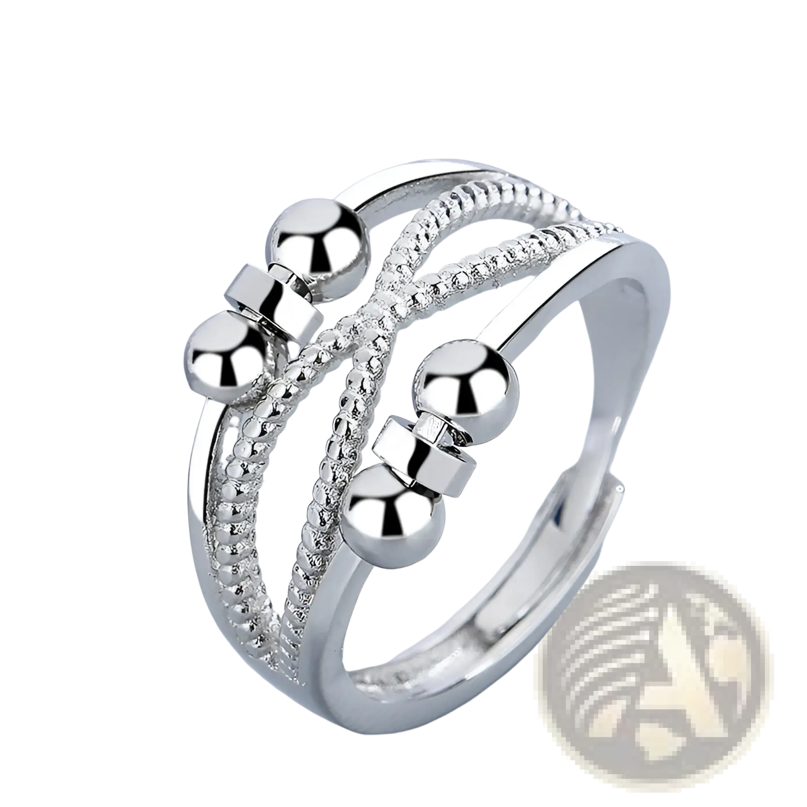 Silver adjustable interwoven ring with three textured bands featuring polished spherical beads for anxiety relief