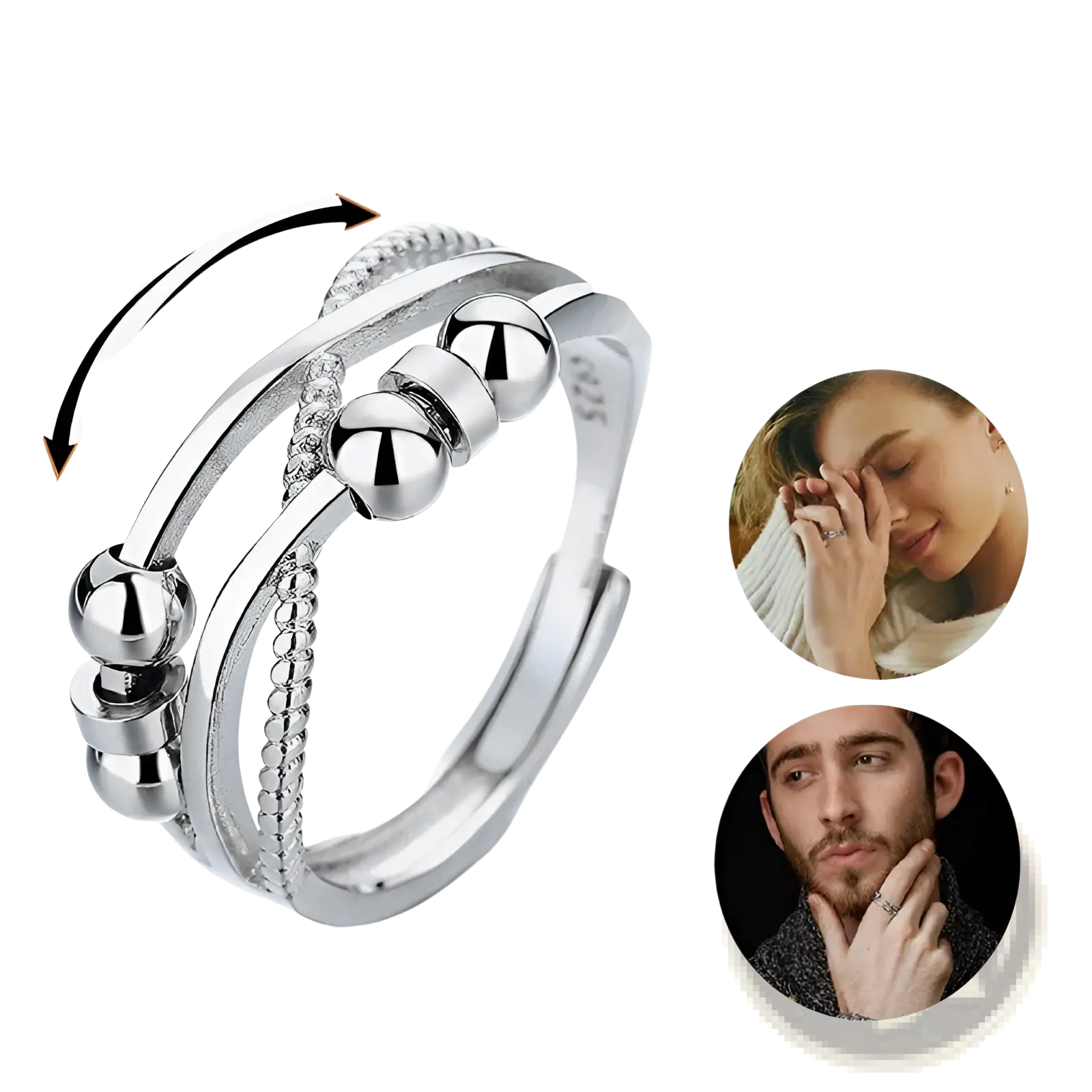 Interwoven silver anxiety relief adjustable ring with polished spherical spinning beads and a beaded accent band