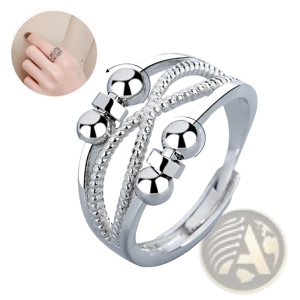 Interwoven silver anxiety relief adjustable ring with interlocking bands polished beads and textured chain details