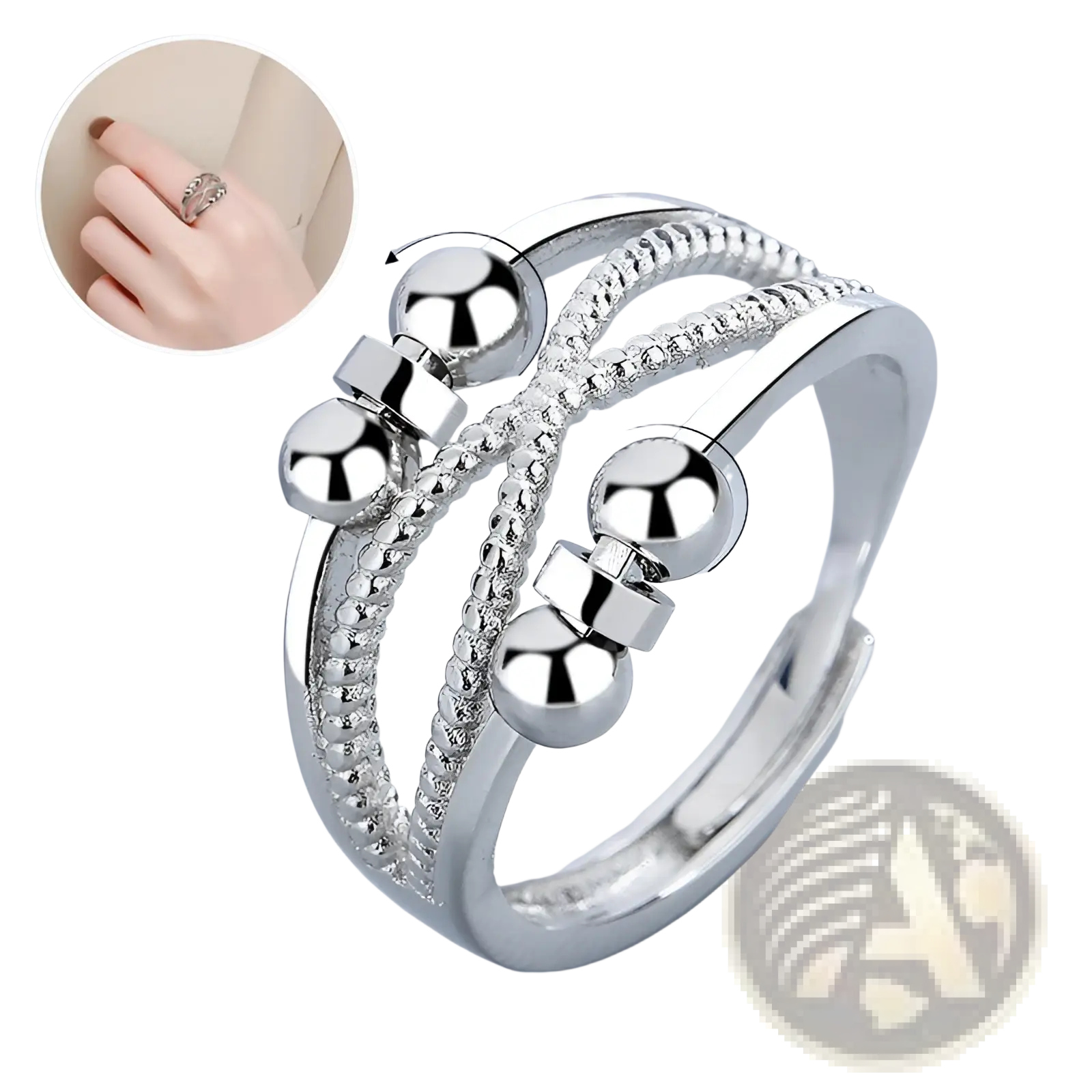Interwoven silver anxiety relief adjustable ring with interlocking bands polished beads and textured chain details