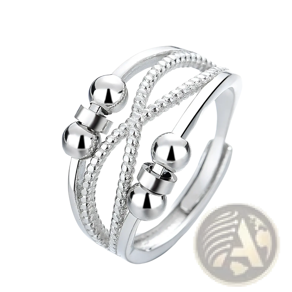 Interwoven silver adjustable ring with polished spherical beads and textured beaded bands for anxiety relief