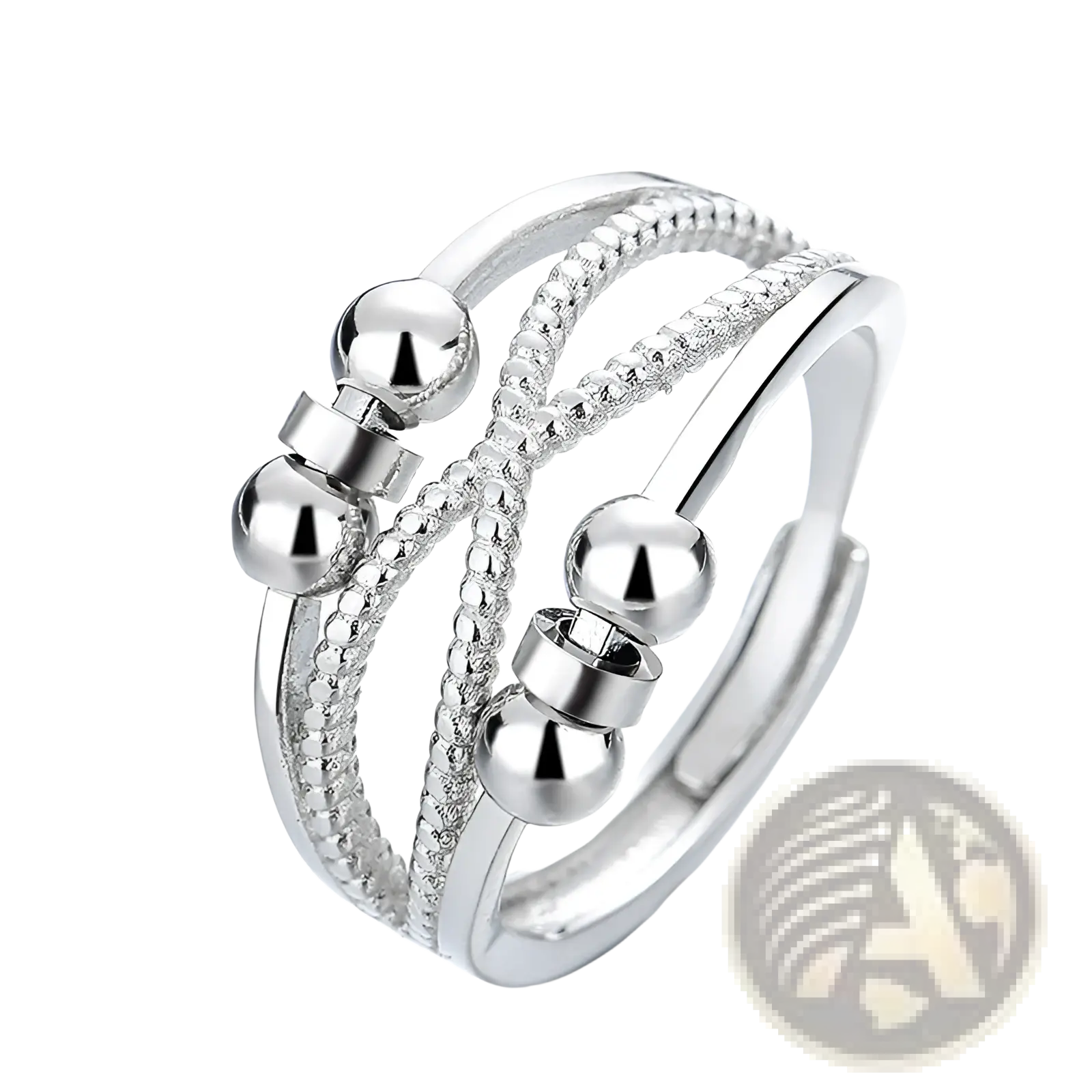 Interwoven silver adjustable ring with polished spherical beads and textured beaded bands for anxiety relief