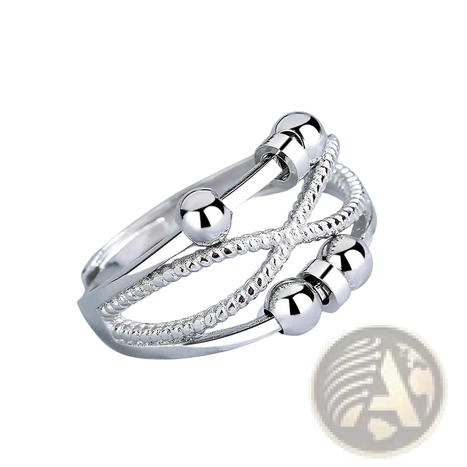 Interwoven silver anxiety relief adjustable ring with polished spherical beads and textured rope-like bands