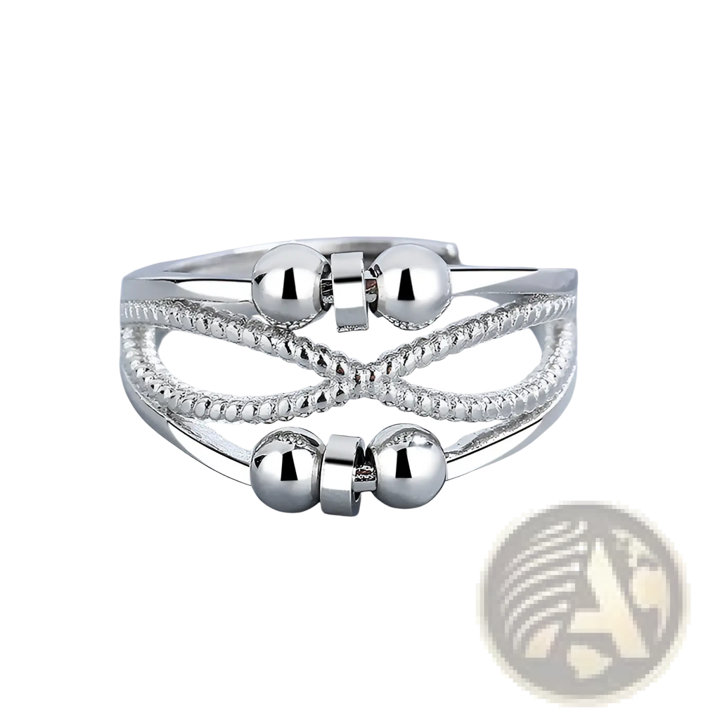 Interwoven silver anxiety relief adjustable ring with silver-toned twisted bands and magnetic clasp spherical beads