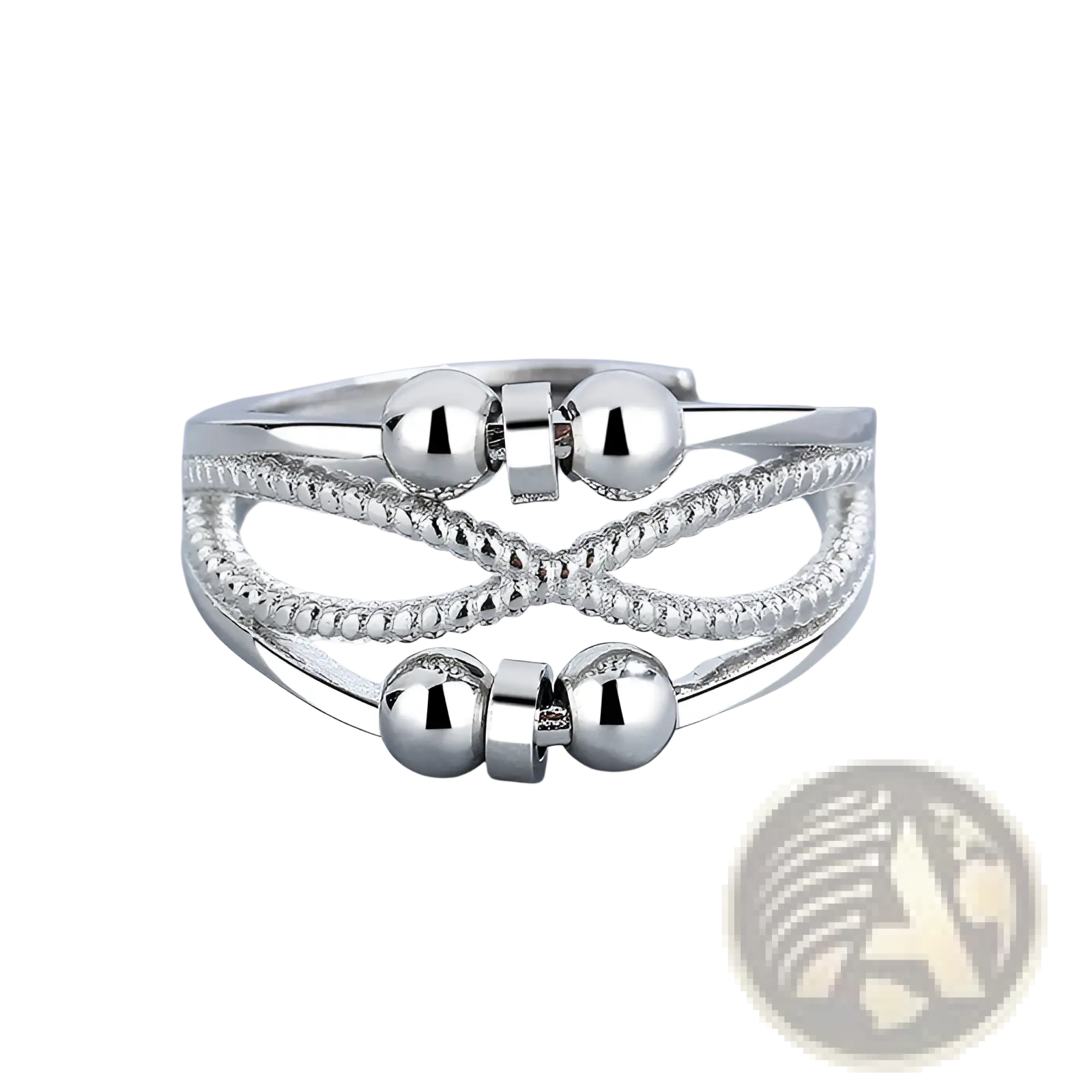 Interwoven silver anxiety relief adjustable ring with silver-toned twisted bands and magnetic clasp spherical beads