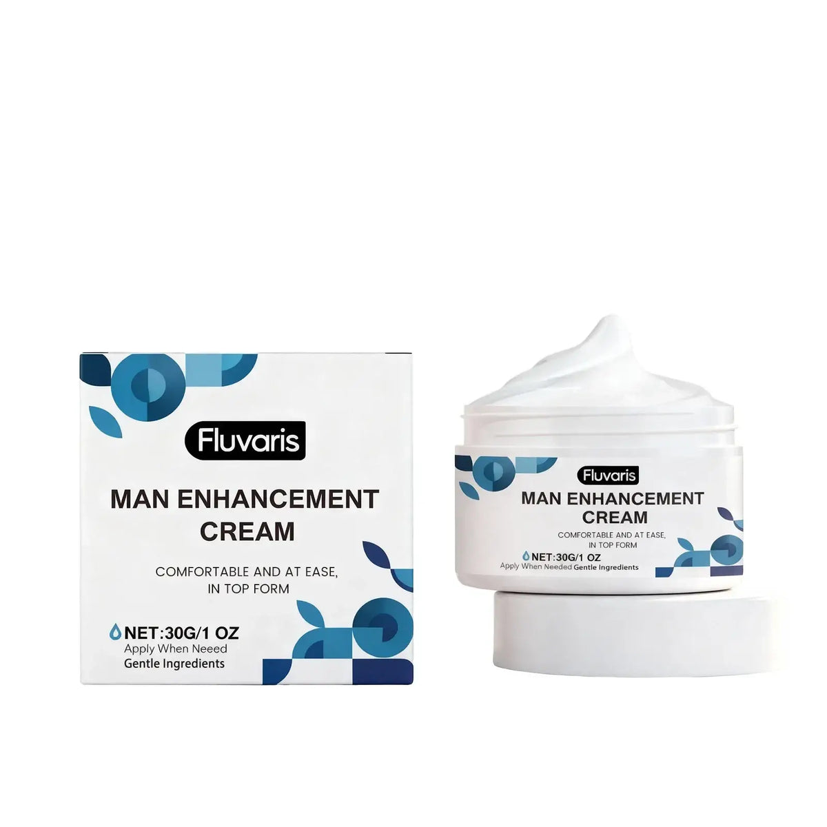 Fluvaris intimate care cream for men hydrating formula in white jar with blue patterns and matching box for intimate skin