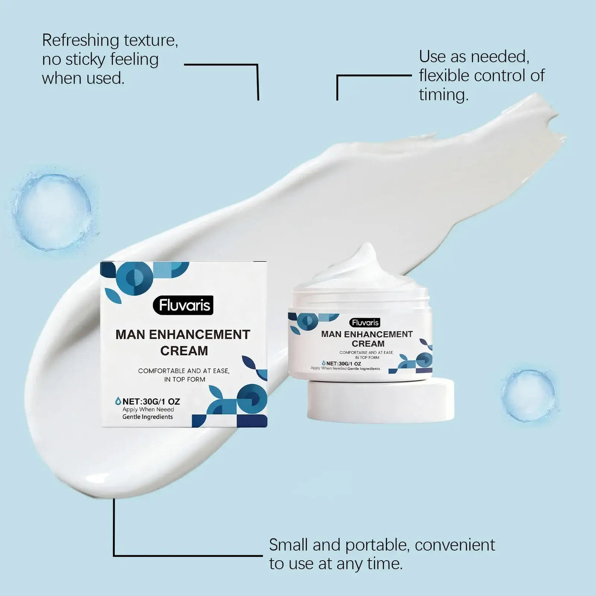 Fluvaris man enhancement cream in a white jar with blue patterned label for intimate skin care hydrating formula