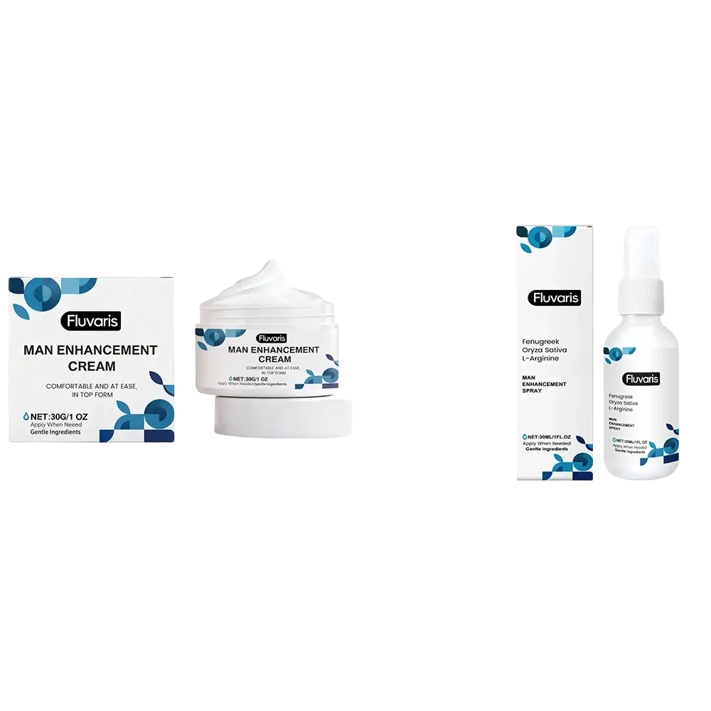 Fluvaris man enhancement cream in a white jar with blue patterns and box for intimate care and hydrating formula