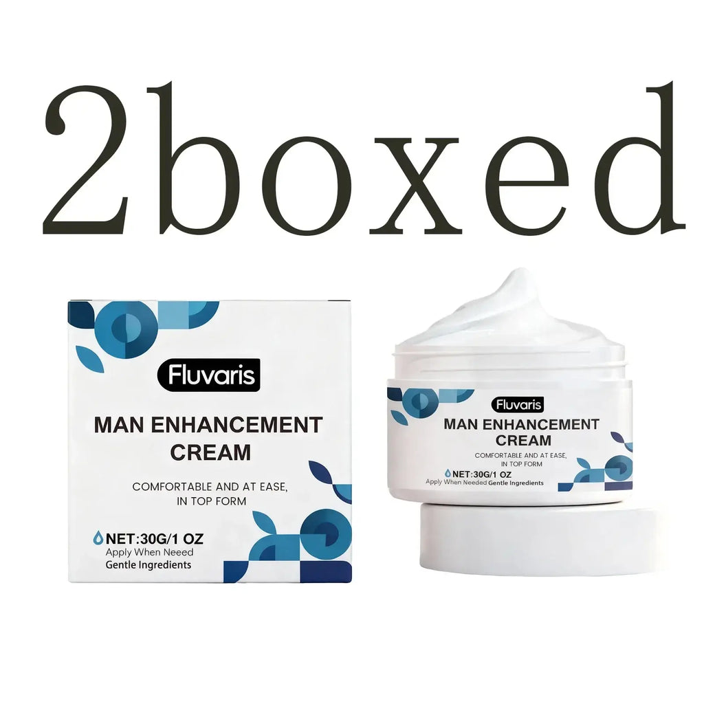 White jar of fluvaris intimate care cream for men with hydrating formula and blue circular design and dollop of cream on top