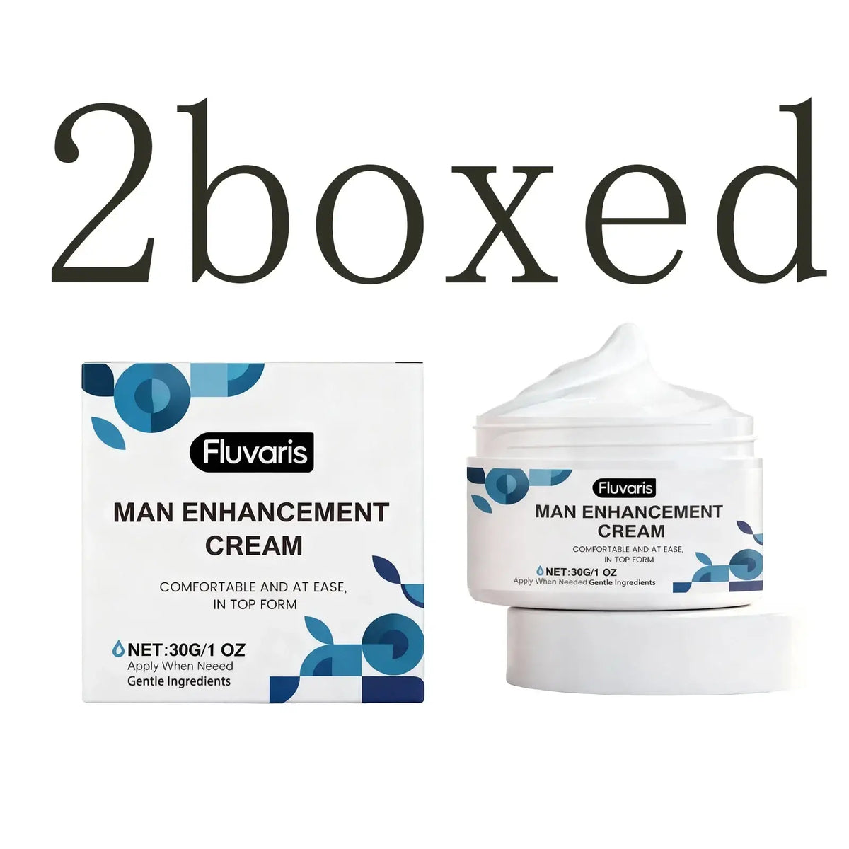 White jar of fluvaris intimate care cream for men with hydrating formula and blue circular design and dollop of cream on top