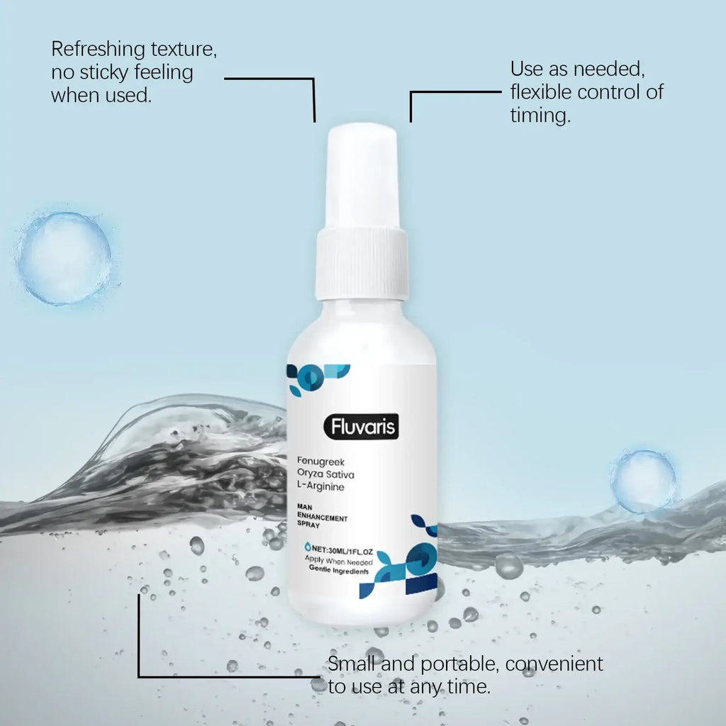 White plastic spray bottle with blue leaf patterns and fluvaris branding for intimate care of delicate skin