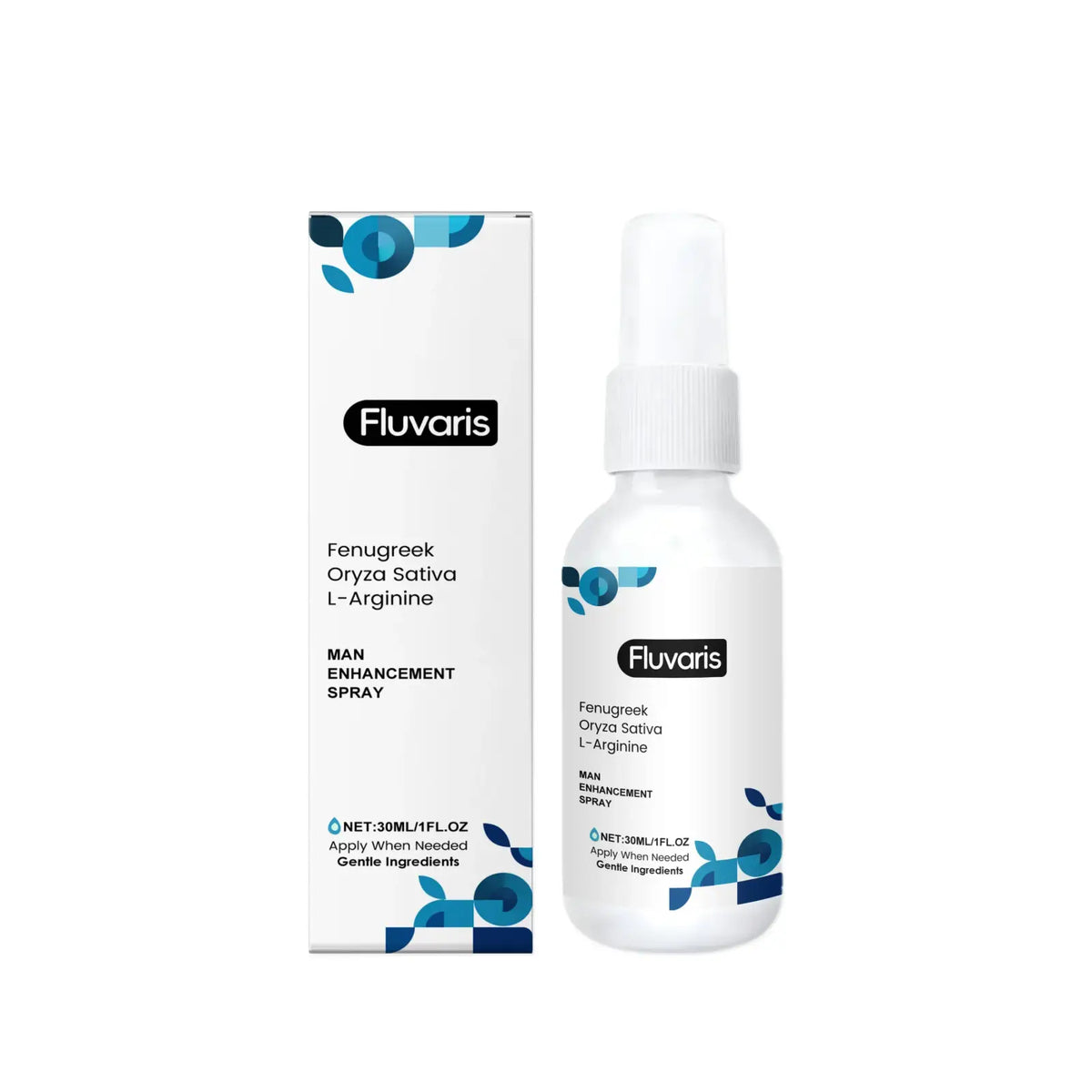 White plastic spray bottle labeled fluvaris man enhancement spray with blue design for intimate care hydrating formula