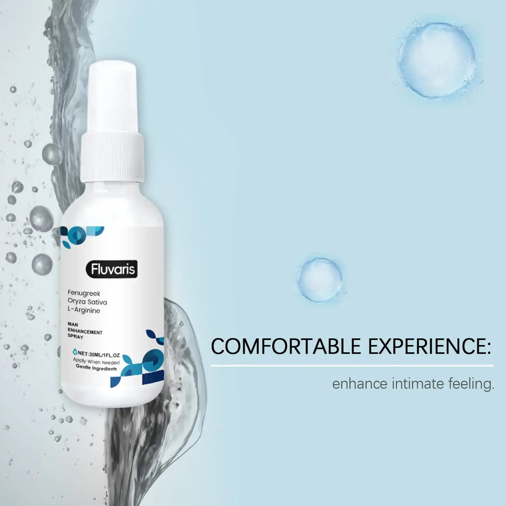 White plastic spray bottle of fluvaris man enhancement intimate care cream with hydrating formula for intimate skin