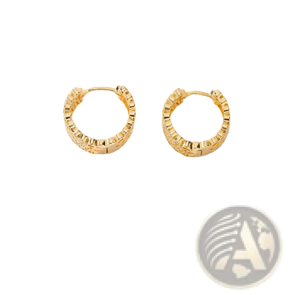 Intricate gold openwork crystal hoop earrings with a textured braided design and shiny metallic finish