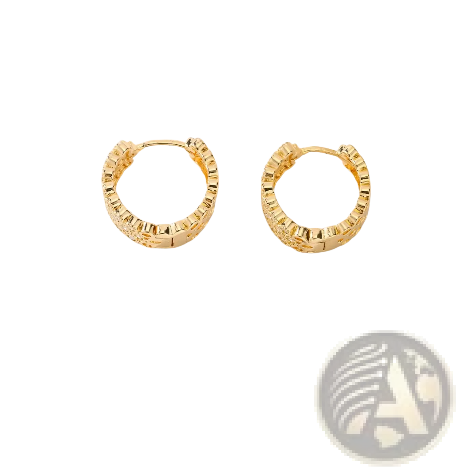 Intricate gold openwork crystal hoop earrings with a textured braided design and shiny metallic finish