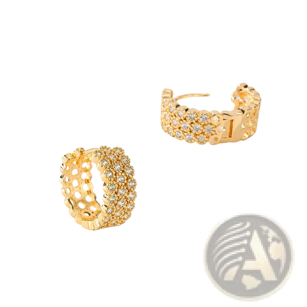 Intricate gold openwork crystal hoop earrings featuring layered design with sparkling clear crystals
