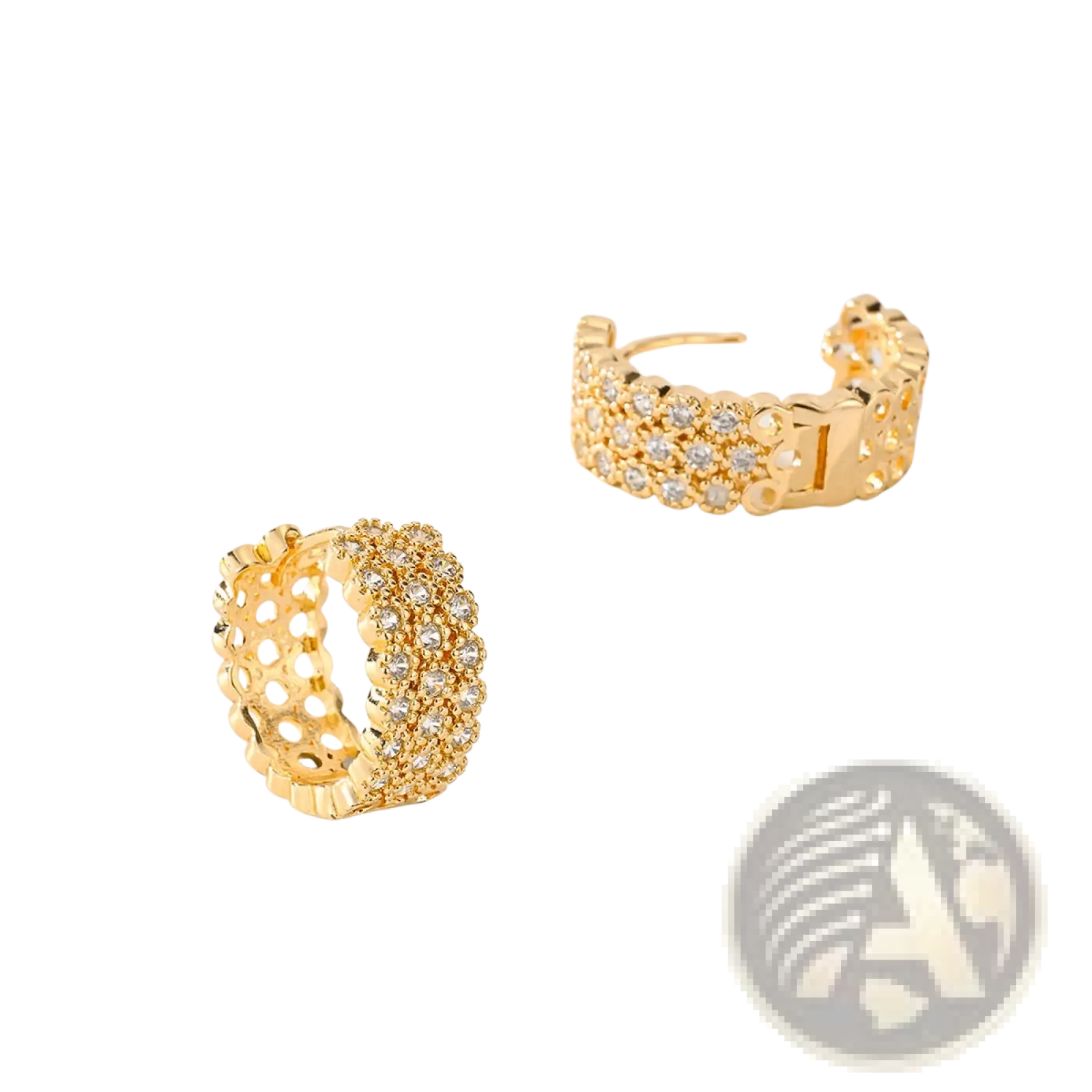 Intricate gold openwork crystal hoop earrings featuring layered design with sparkling clear crystals