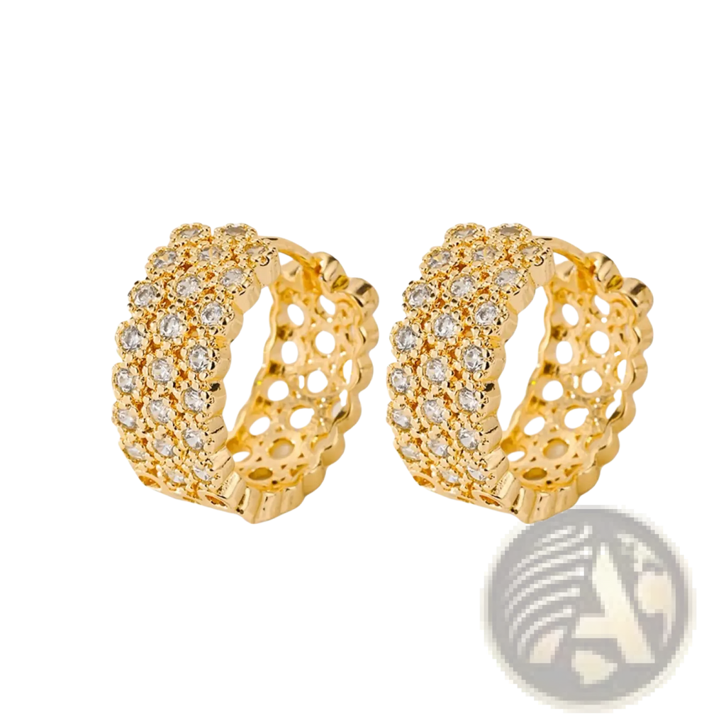 Intricate gold openwork crystal hoop earrings featuring three rows of clear sparkling crystals in a dense pattern