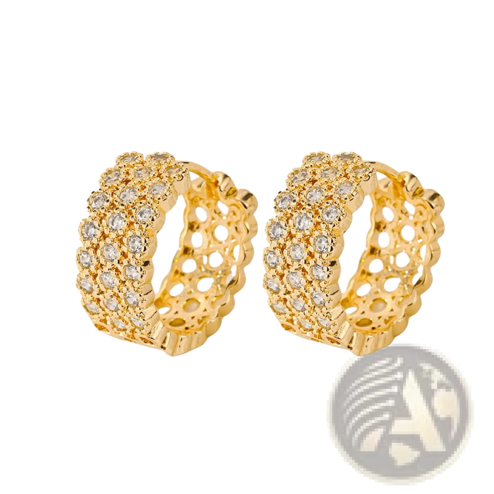 Intricate gold openwork crystal hoop earrings featuring three rows of clear sparkling crystals in a dense pattern