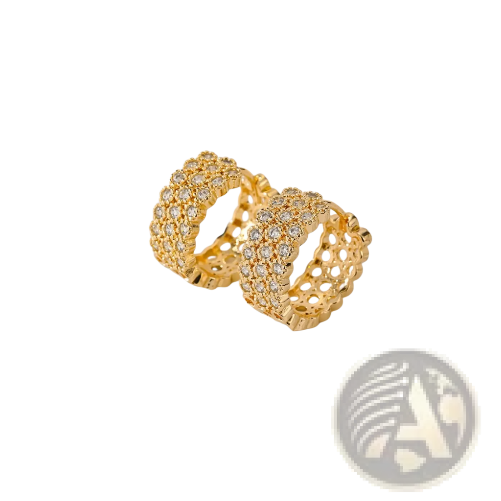 Intricate gold openwork crystal hoop earrings with gold-toned rings adorned with sparkling clear crystals and delicate patterns