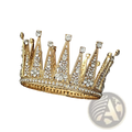 Intricate rhinestone filigree bridal tiara crown in sparkling gold adorned with clear rhinestones and detailed craftsmanship
