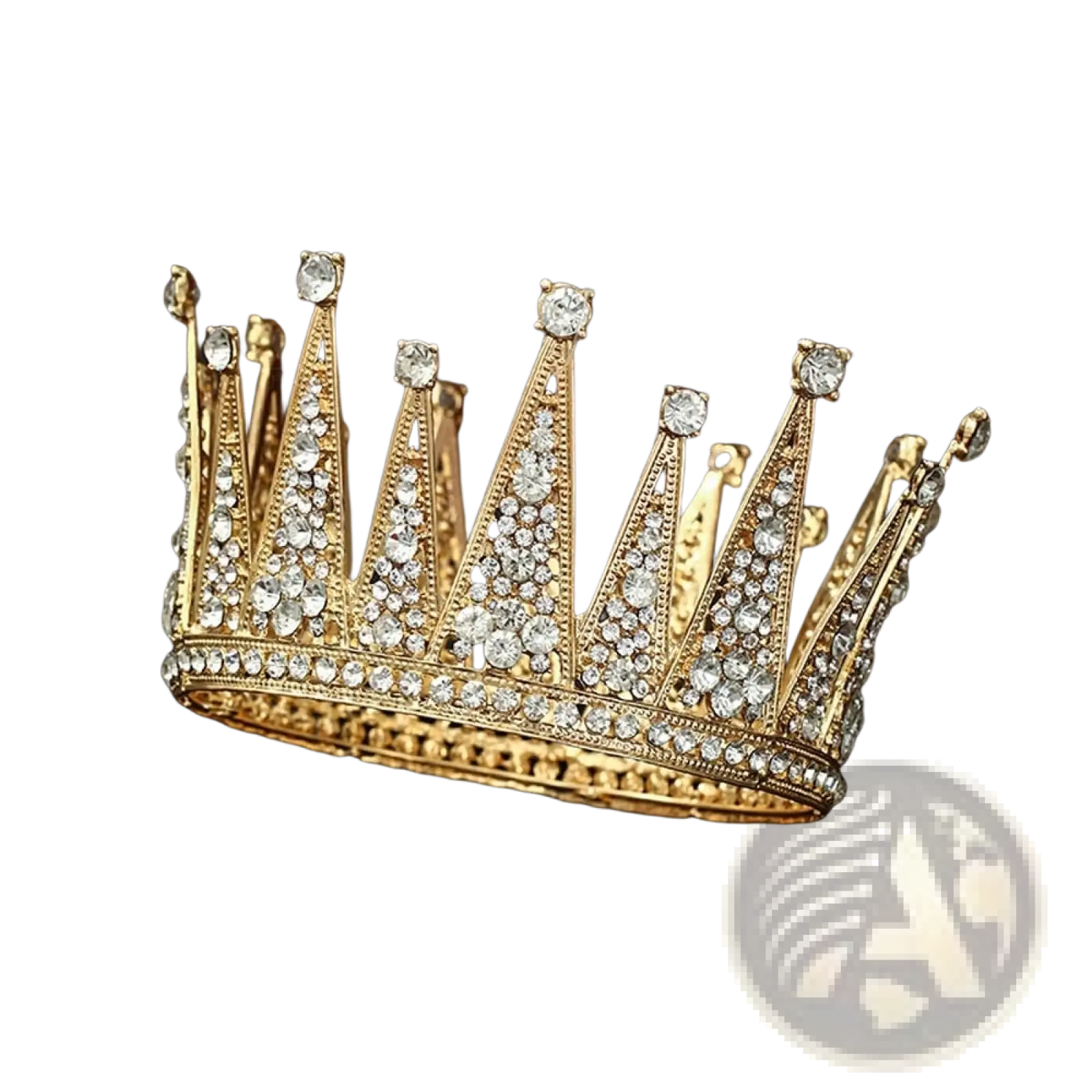 Intricate rhinestone filigree bridal tiara crown in sparkling gold adorned with clear rhinestones and detailed craftsmanship