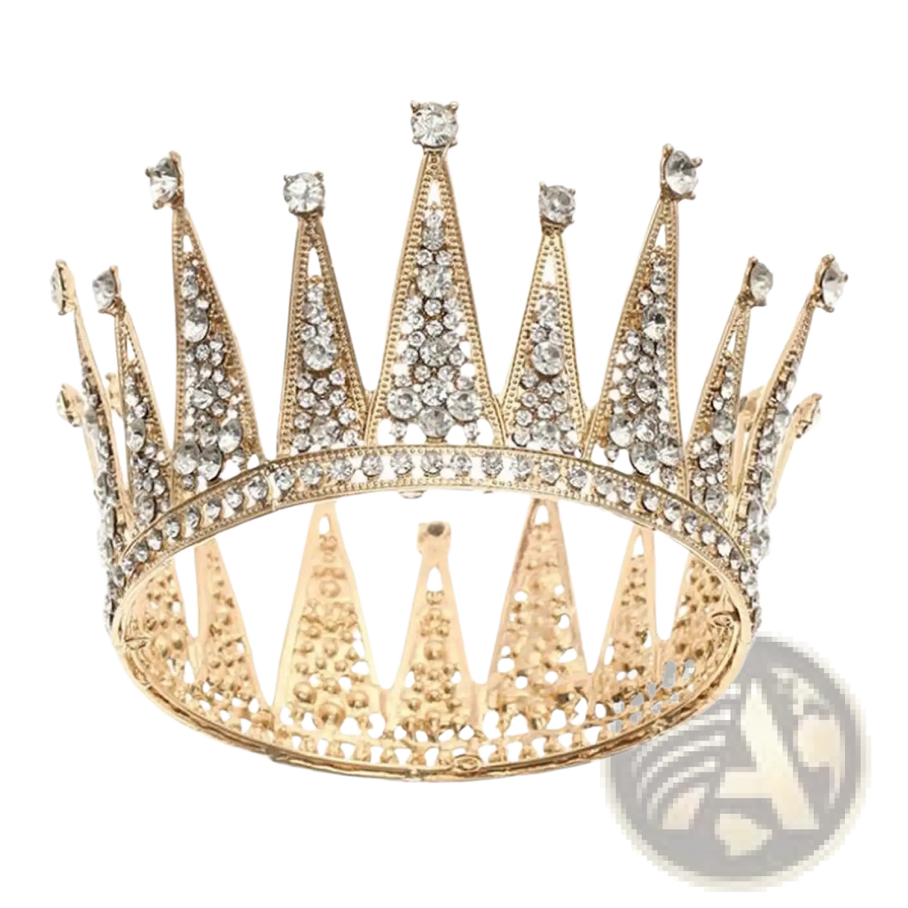 A sparkling gold bridal tiara crown with intricate rhinestone filigree detailing and numerous clear crystals