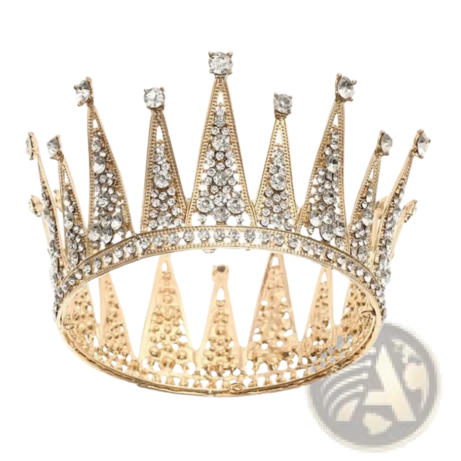A sparkling gold bridal tiara crown with intricate rhinestone filigree detailing and numerous clear crystals