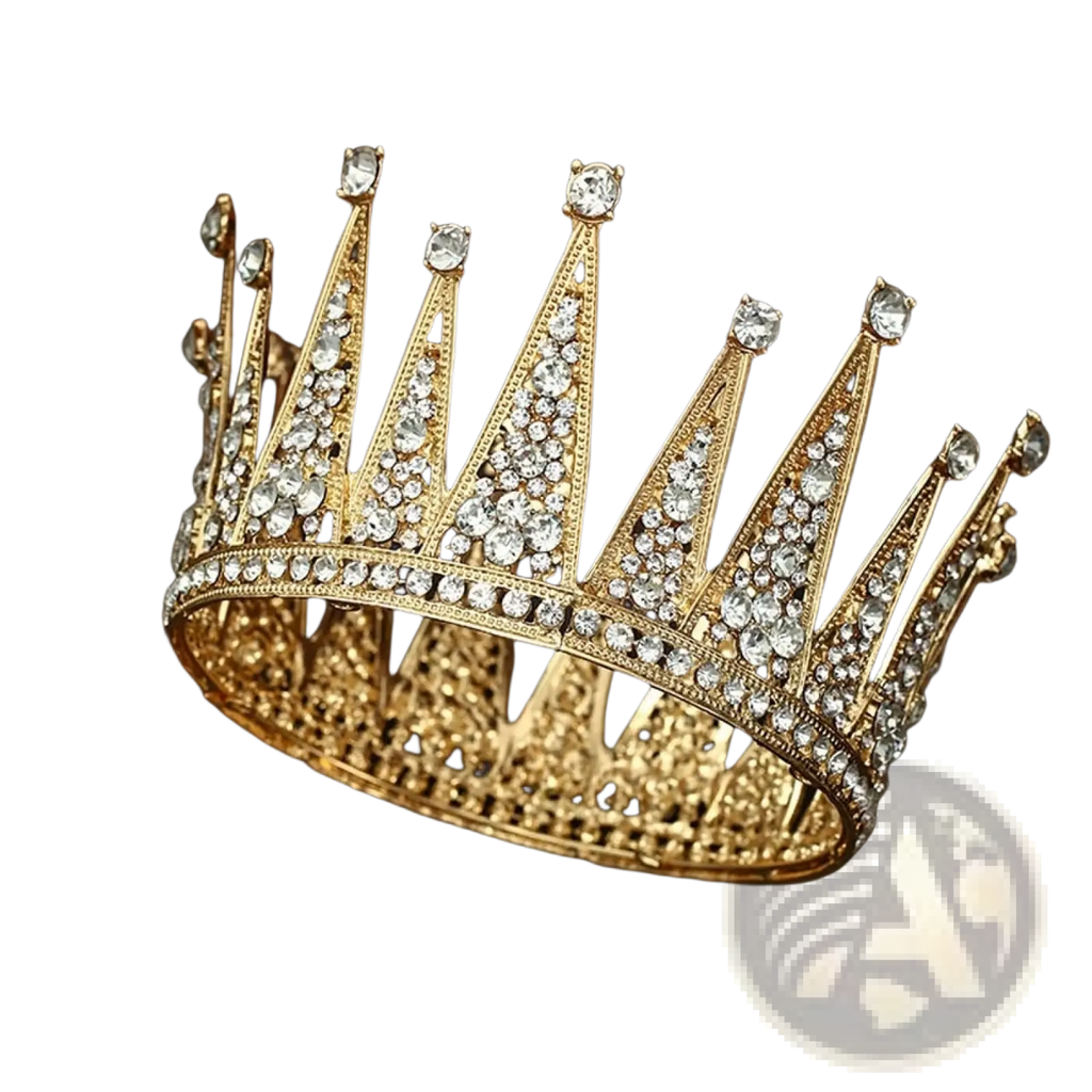 A sparkling gold bridal tiara crown with intricate rhinestone filigree detailing and clear rhinestones