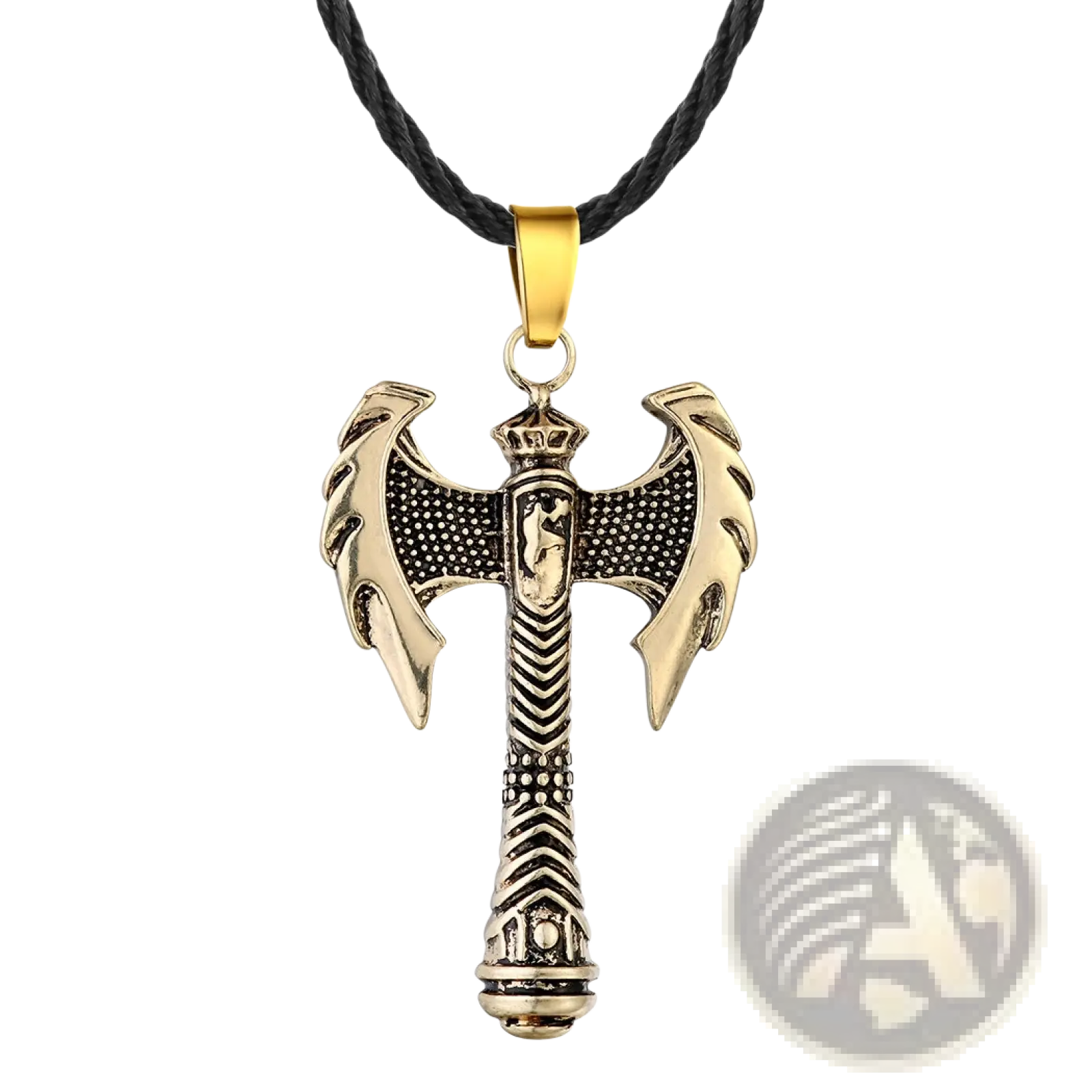 Intricate Viking axe pendant necklace with gold-toned double-headed axe and black detailing on black braided cord