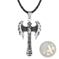 Intricate Viking silver axe pendant necklace with detailed engraving and black braided cord for men and women