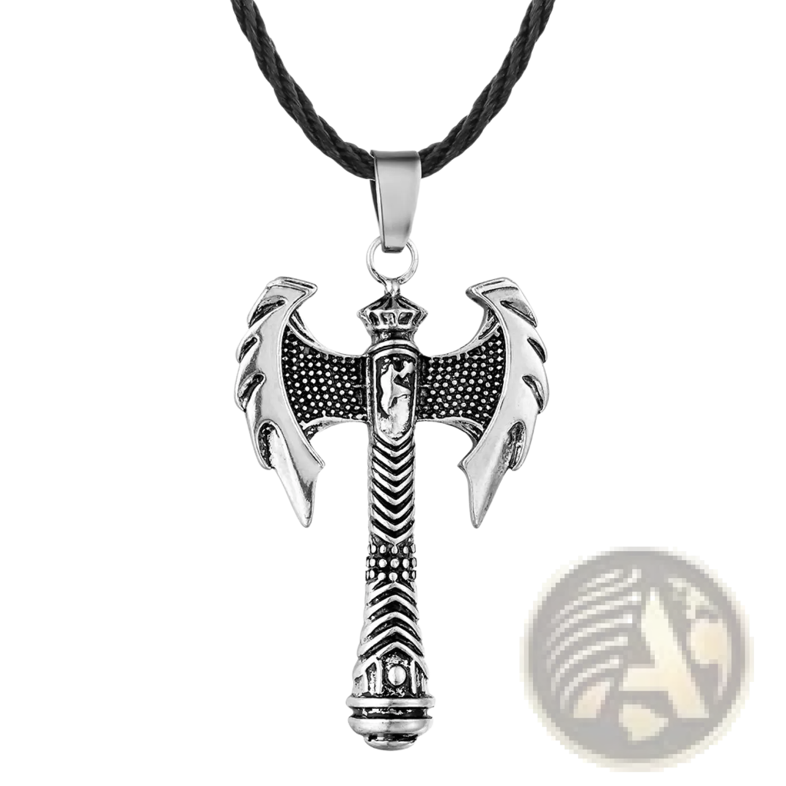 Intricate Viking silver axe pendant necklace with detailed engraving and black braided cord for men and women